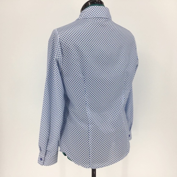 Haggar V-Neck Blue & White Button-Up Blouse, Small - Picture 6 of 14